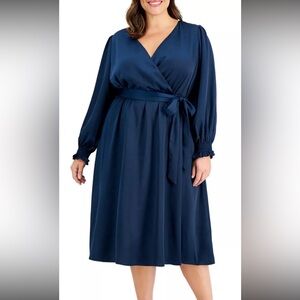 Taylor Womens Satin Faux Wrap Office Midi Dress Plus Russian Navy Size 22W